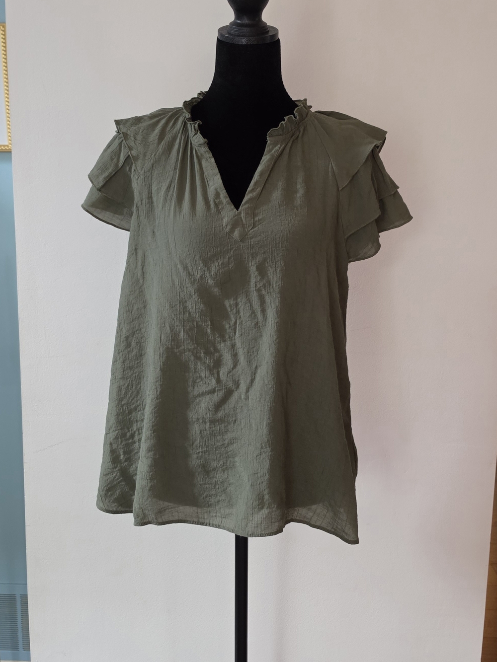 Nanette Lepore Olive Green Ruffle Sleeve V-Neck Blouse